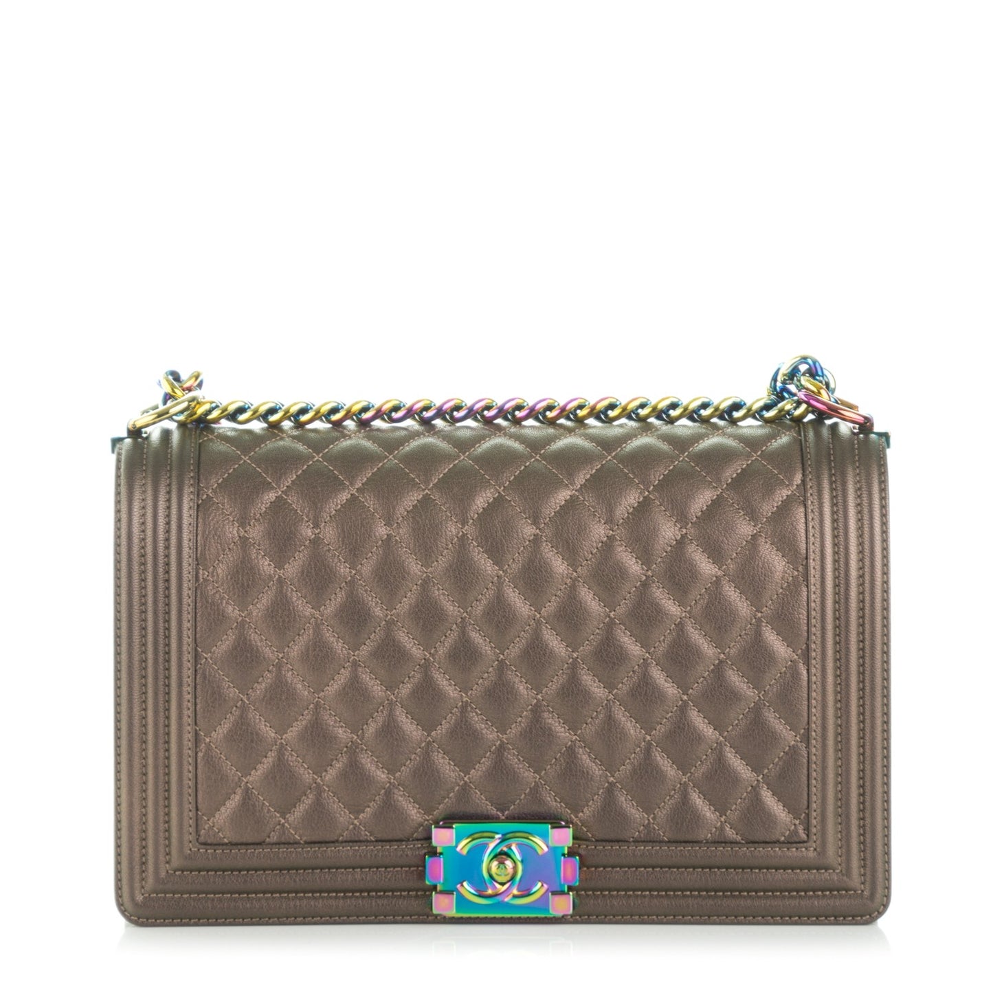 Iridescent Goatskin Quilted New Medium Boy Flap Dark Gold