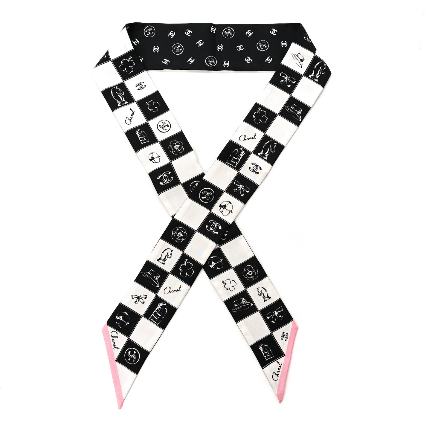 Silk Checkered Lucky Symbols CC Slim Bandeau Scarf Black White Pink