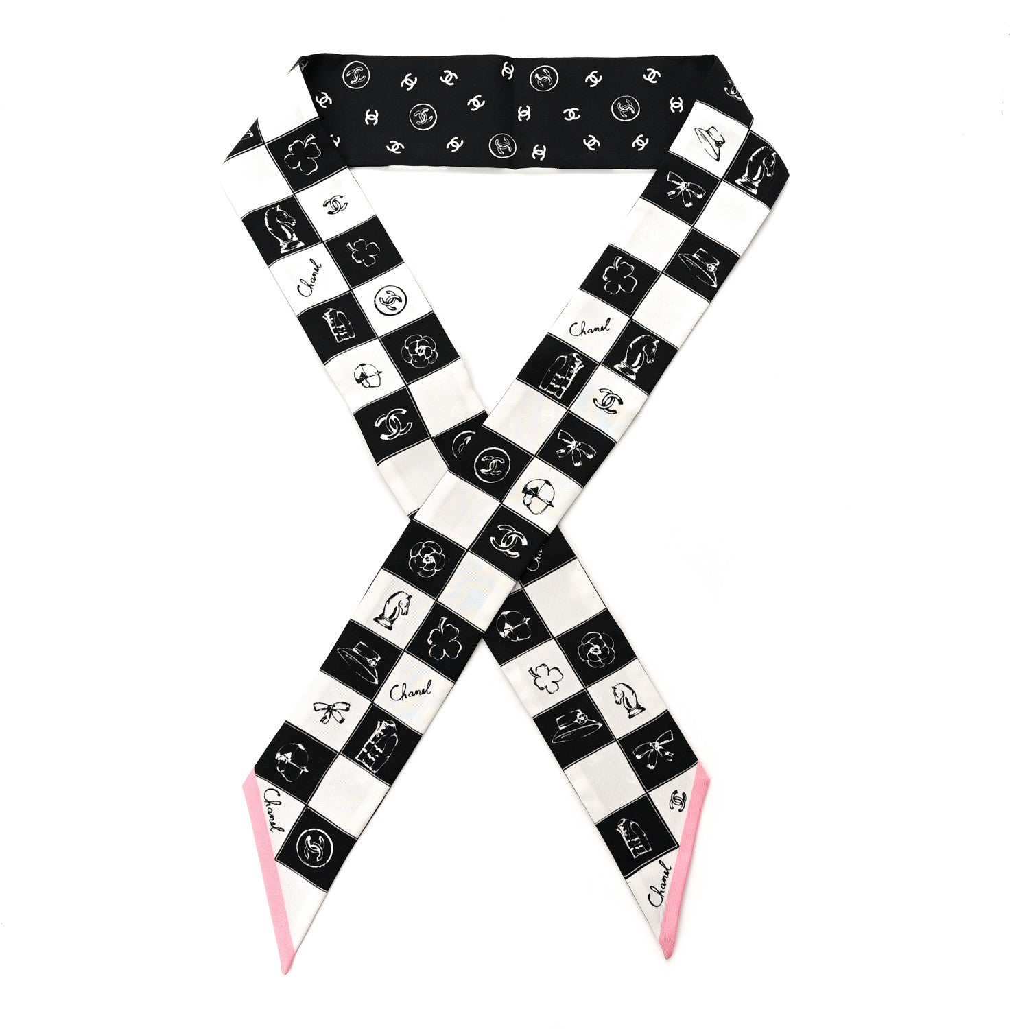 Chanel Silk Checkered Lucky Symbols CC Slim Bandeau Scarf Black White Pink 1 of 3