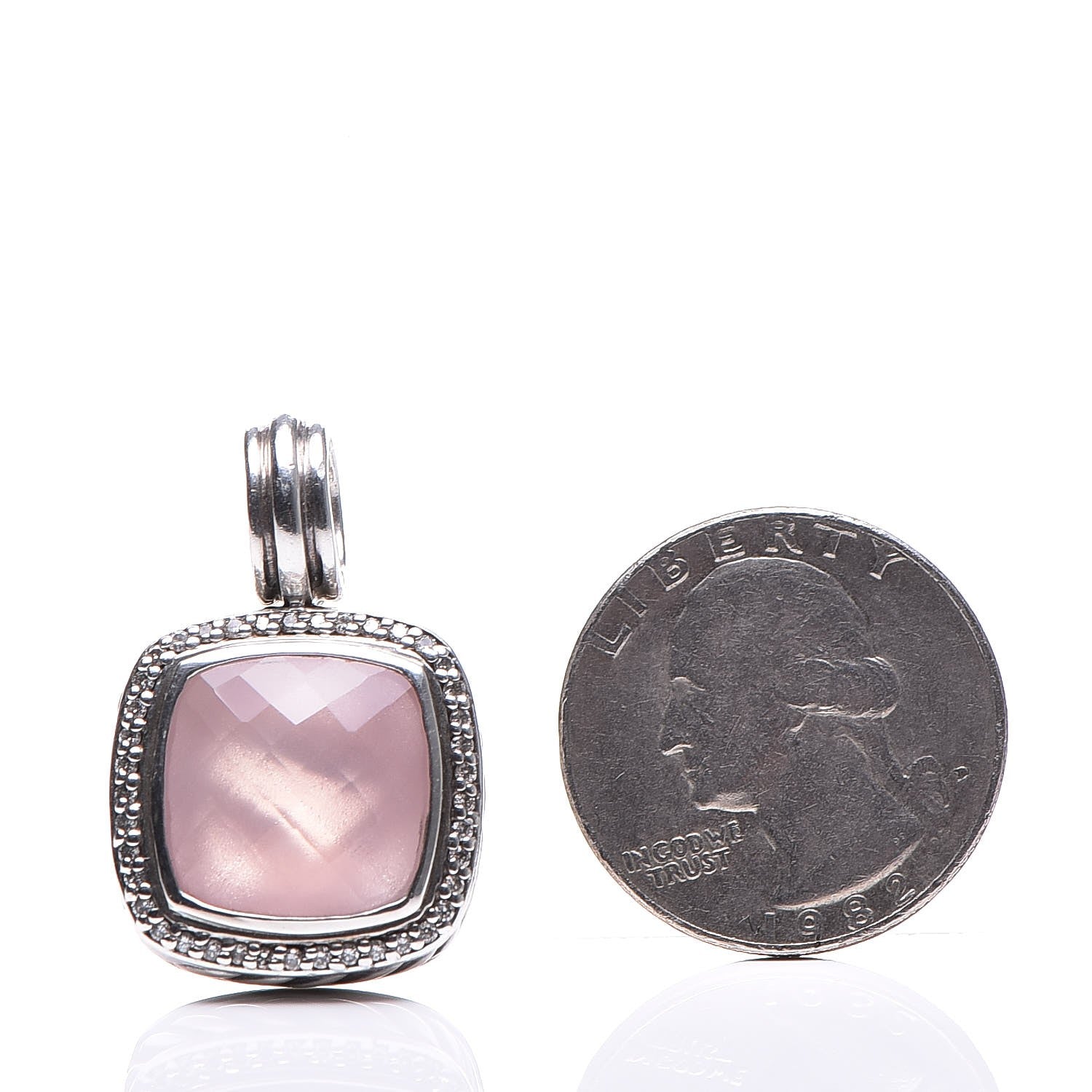 David Yurman Sterling Silver Pave Diamond Rose Quartz 14mm Albion Enhancer Pendant 2 of 7
