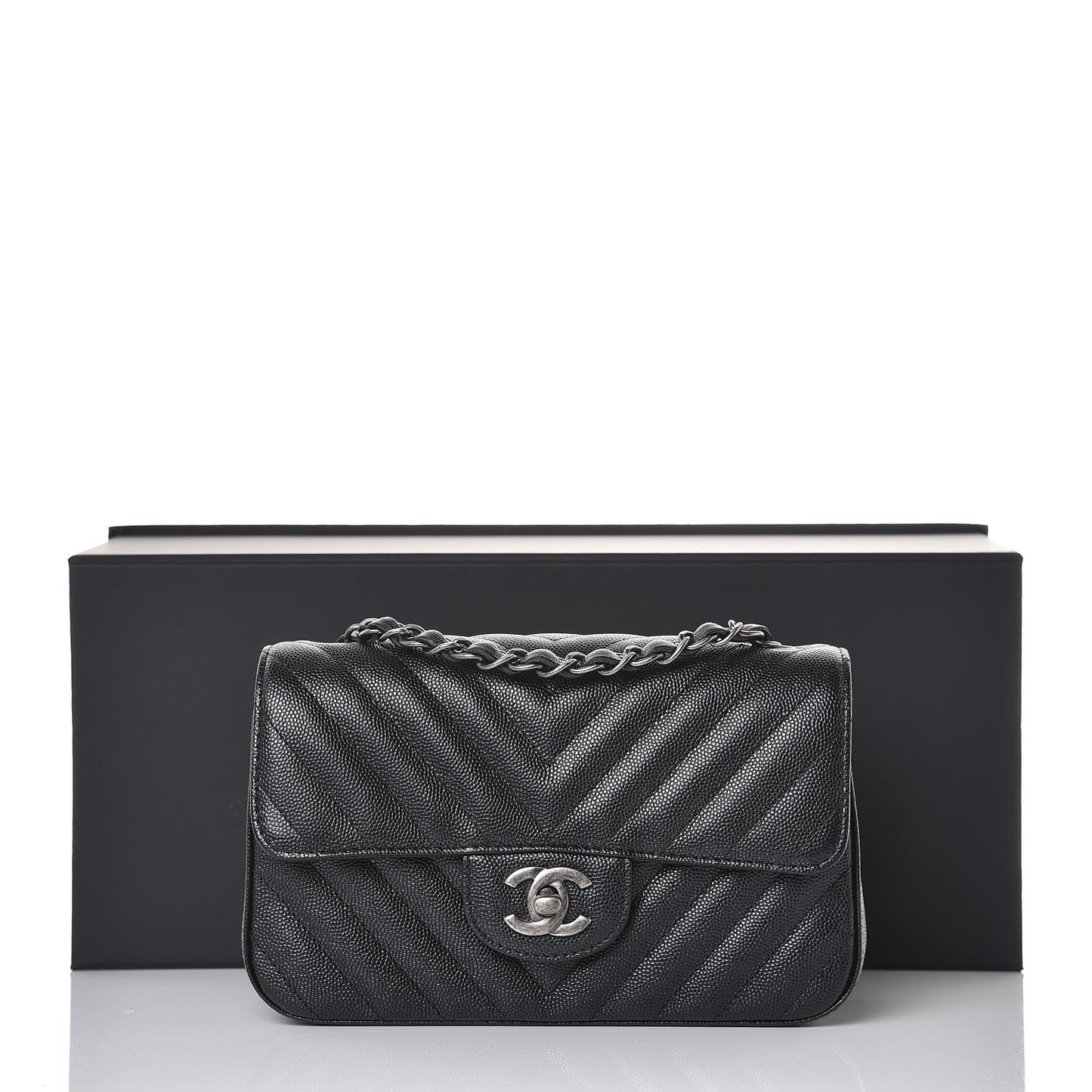 Metallic Caviar Chevron Quilted Mini Rectangular Flap Black
