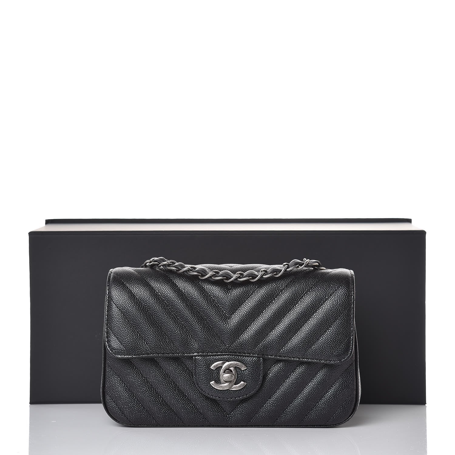 Chanel Metallic Caviar Chevron Quilted Mini Rectangular Flap Black 8 of 8