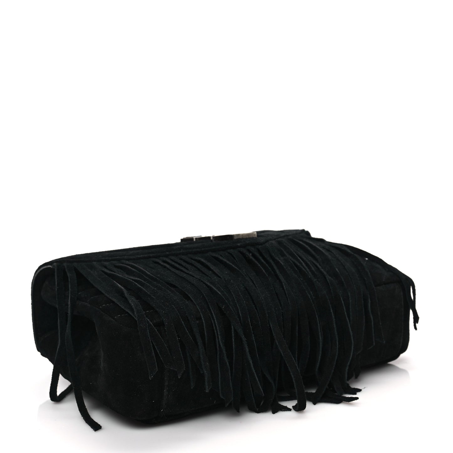 Suede Fringe Small Monogram Satchel Black