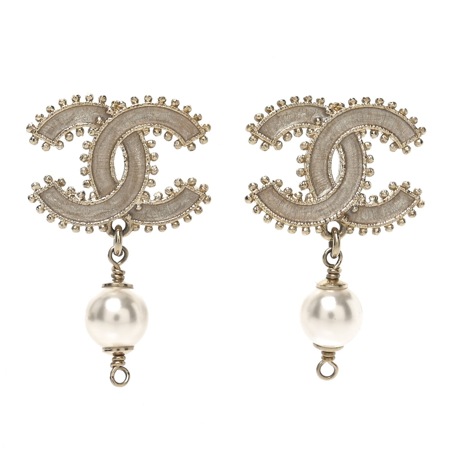 Metal Enamel Pearl CC Drop Earrings Gold