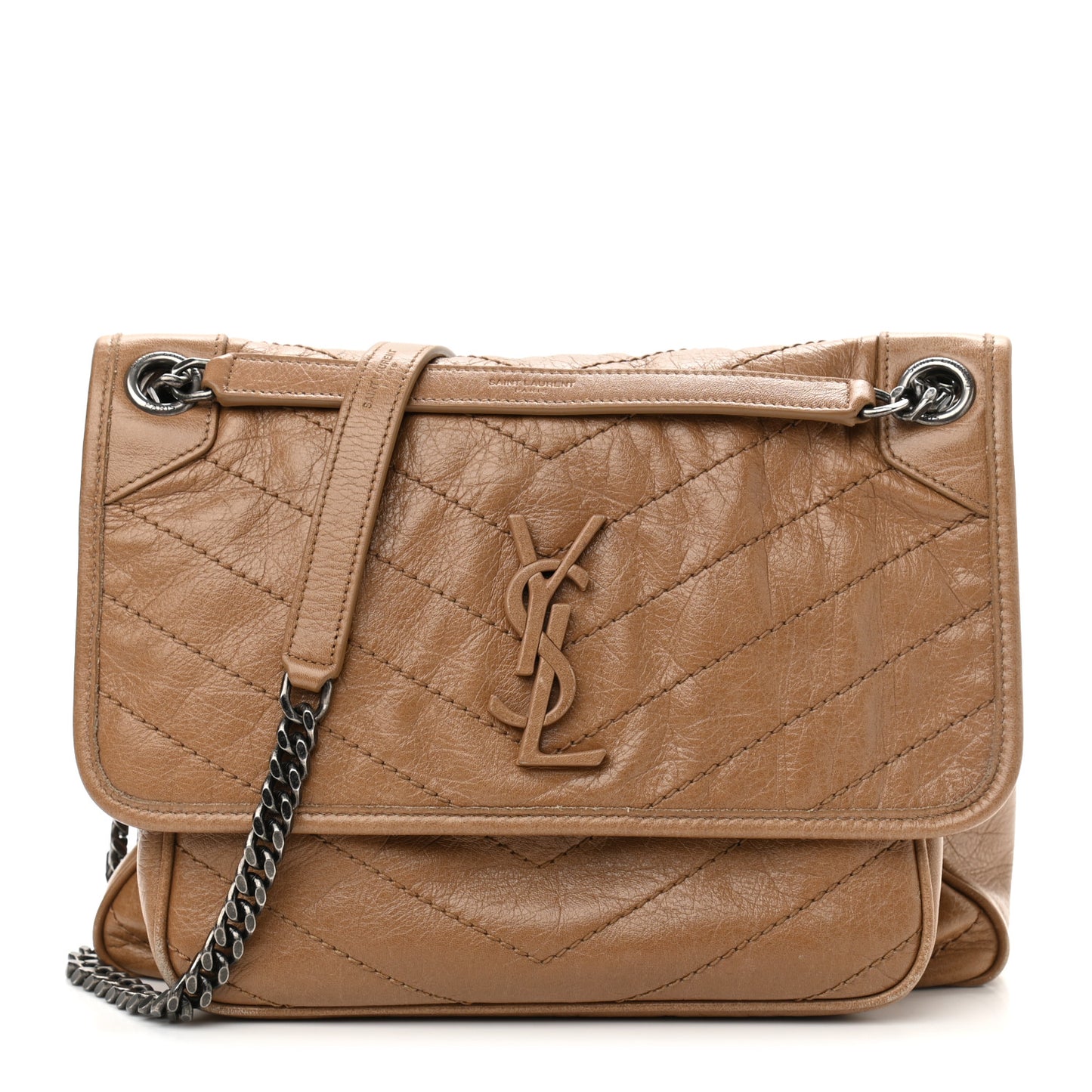 Crinkled Calfskin Matelasse Monogram Medium Niki Chain Satchel Caramel
