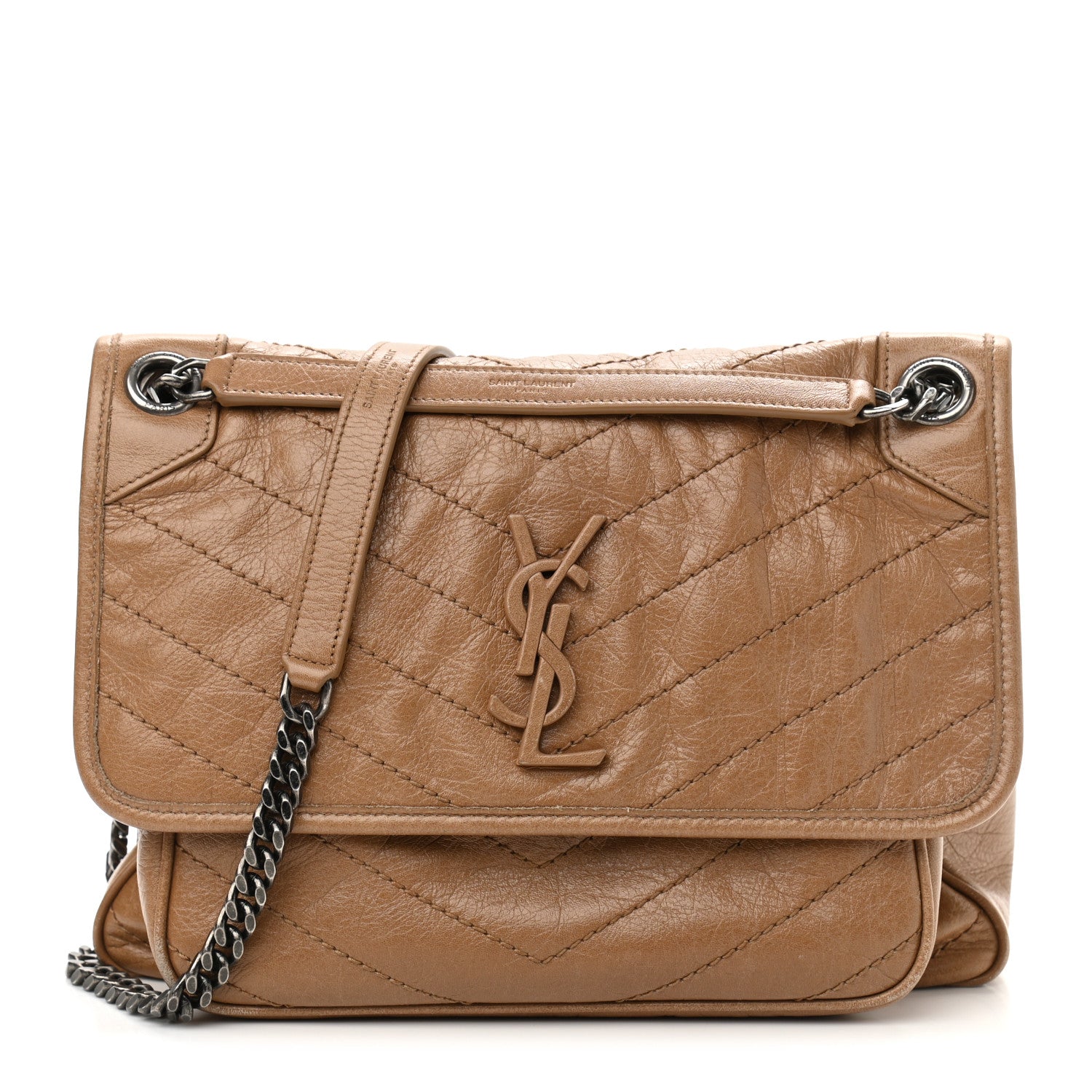 Saint Laurent Crinkled Calfskin Matelasse Monogram Medium Niki Chain Satchel Caramel 1 of 9