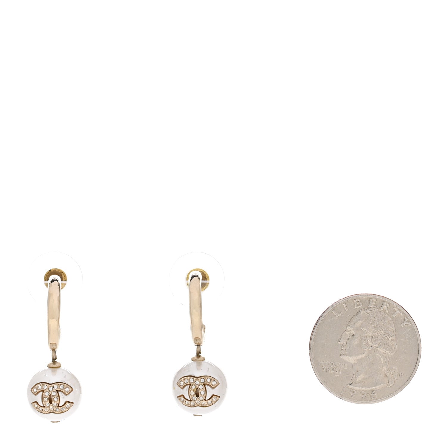 Chanel Crystal CC Pearl Drop Earrings Gold 2 of 5