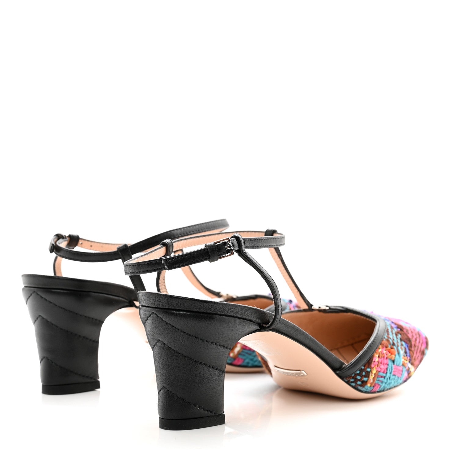 Gucci Tweed Nappa Charlotte Spicy Check Matelasse T-Strap Pumps 39 Pink Multicolor Black 4 of 12