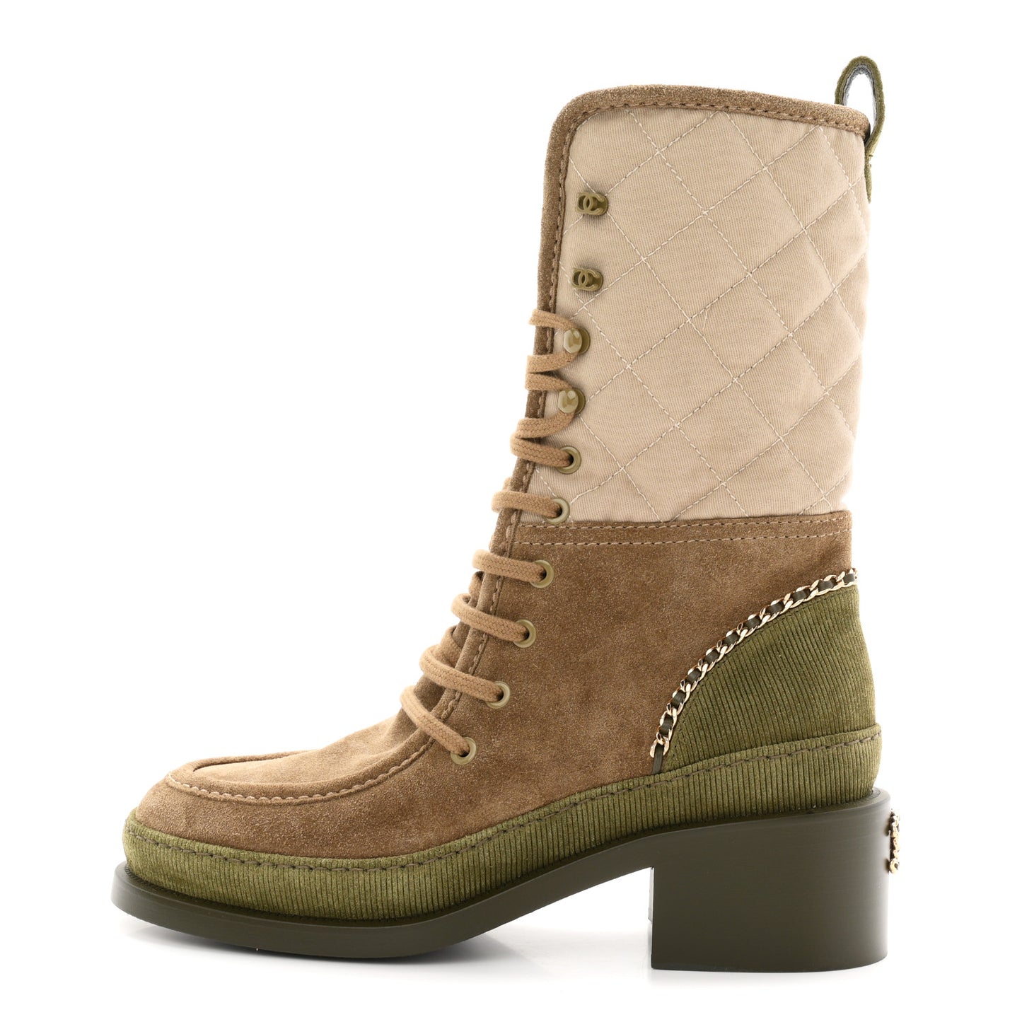 Suede Calfskin Cotton Quilted CC Chain Combat Boots 38 Light Grey Brown Khaki