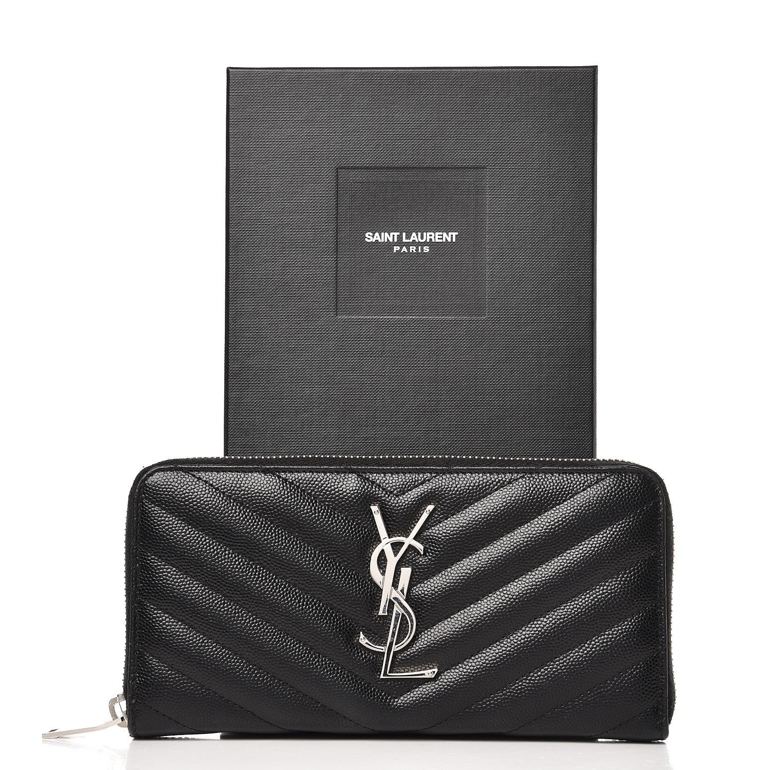 Saint Laurent Grain De Poudre Matelasse Chevron Monogram Zip Around Wallet Black 7 of 7