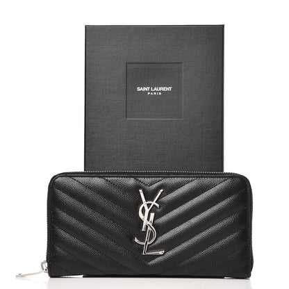 Saint Laurent Grain De Poudre Matelasse Chevron Monogram Zip Around Wallet Black 7 of 7