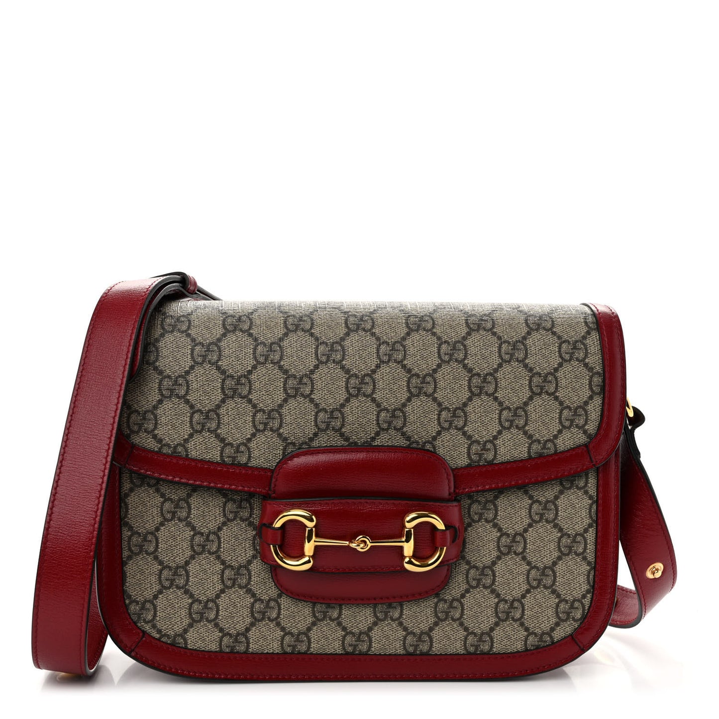 GG Supreme Monogram Azalea Calfskin Horsebit 1955 Shoulder Bag Beige Ebony New Cherry Red