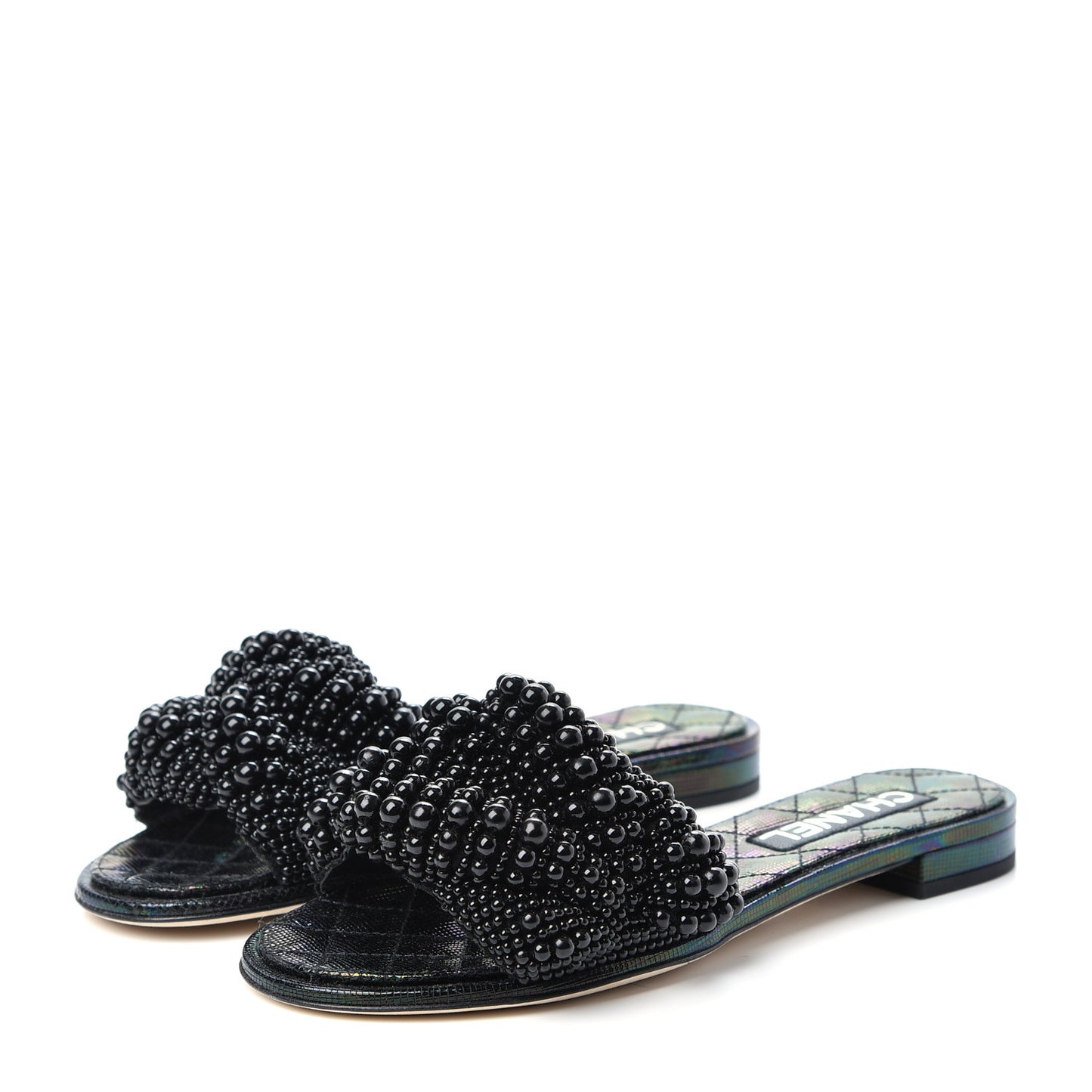 Fantasy Calfskin Pearl Cord CC Mules 38 Black