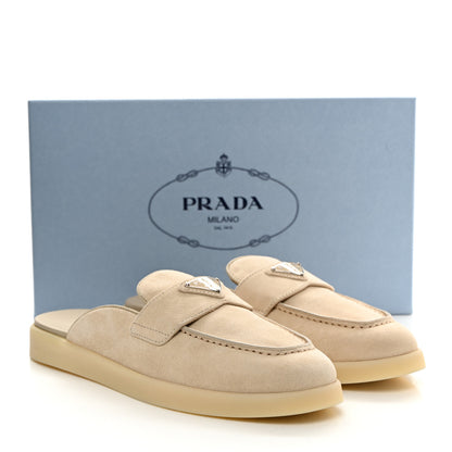 Prada Suede Metal Triangle Logo Saint Tropez 25mm Loafer Mules 36.5 Talco 9 of 9