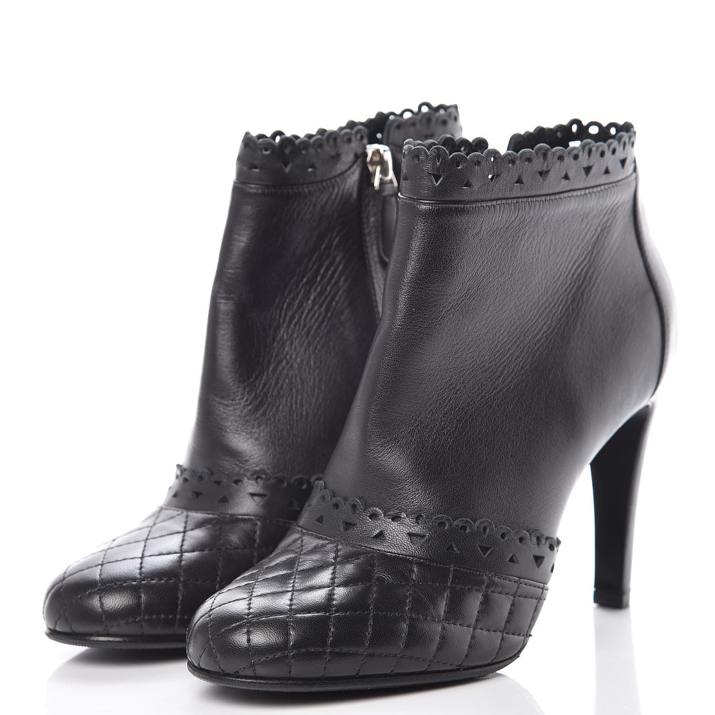 Lambskin Quilted Perforated Lace Short Booties 38 Black