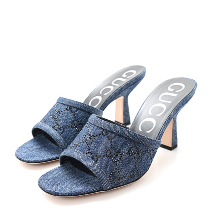 Gucci Denim Crystal GG Monogram Mules 37 Blue 4 of 11