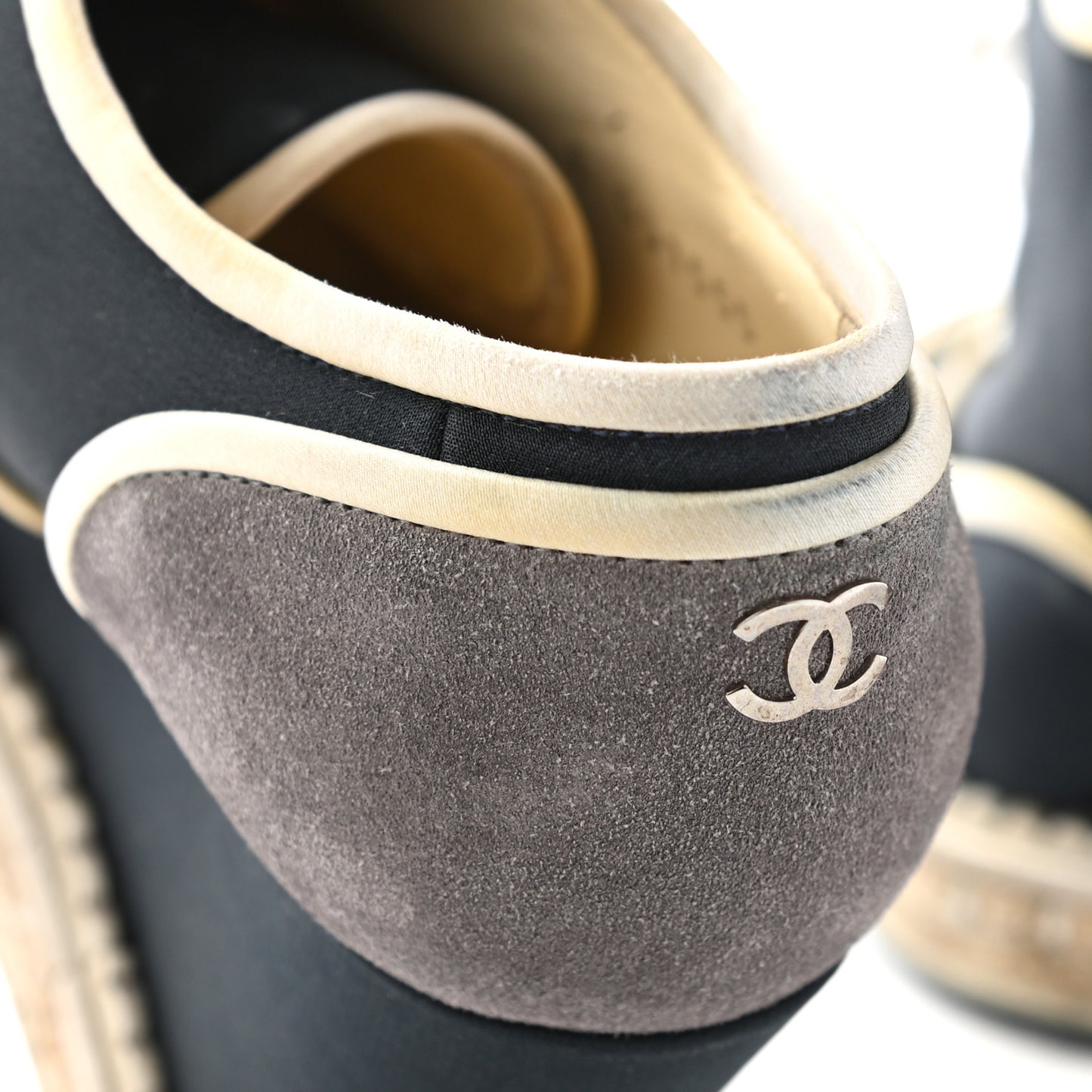 Silk Crepe Suede Calfskin Lace Up Wedge Espadrilles 35 Navy Grey