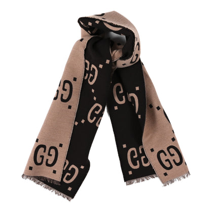Gucci Wool Silk Monogram Jumbo GG Freedom Scarf Dark Brown Beige 1 of 7