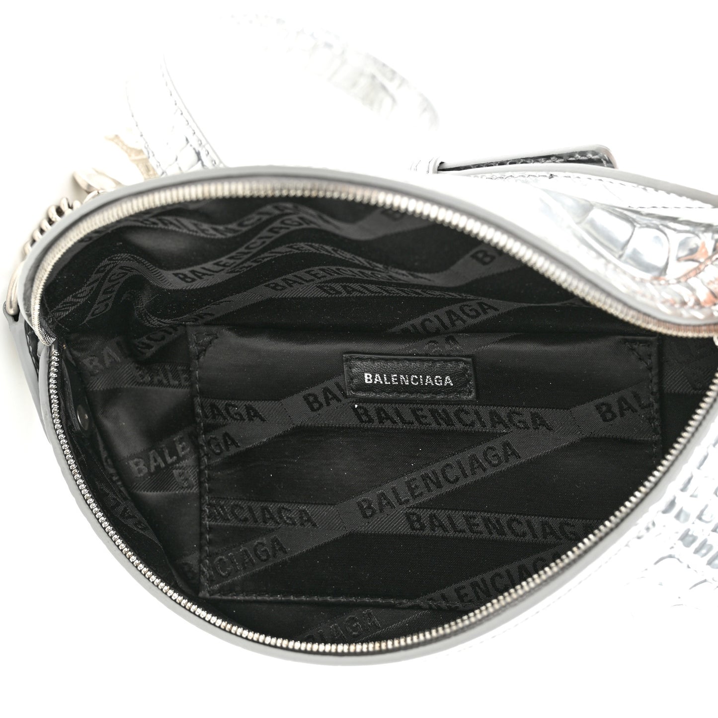 Metallic Calfskin Crocodile Embossed Quilted Souveniers Charms Belt Bag Silver
