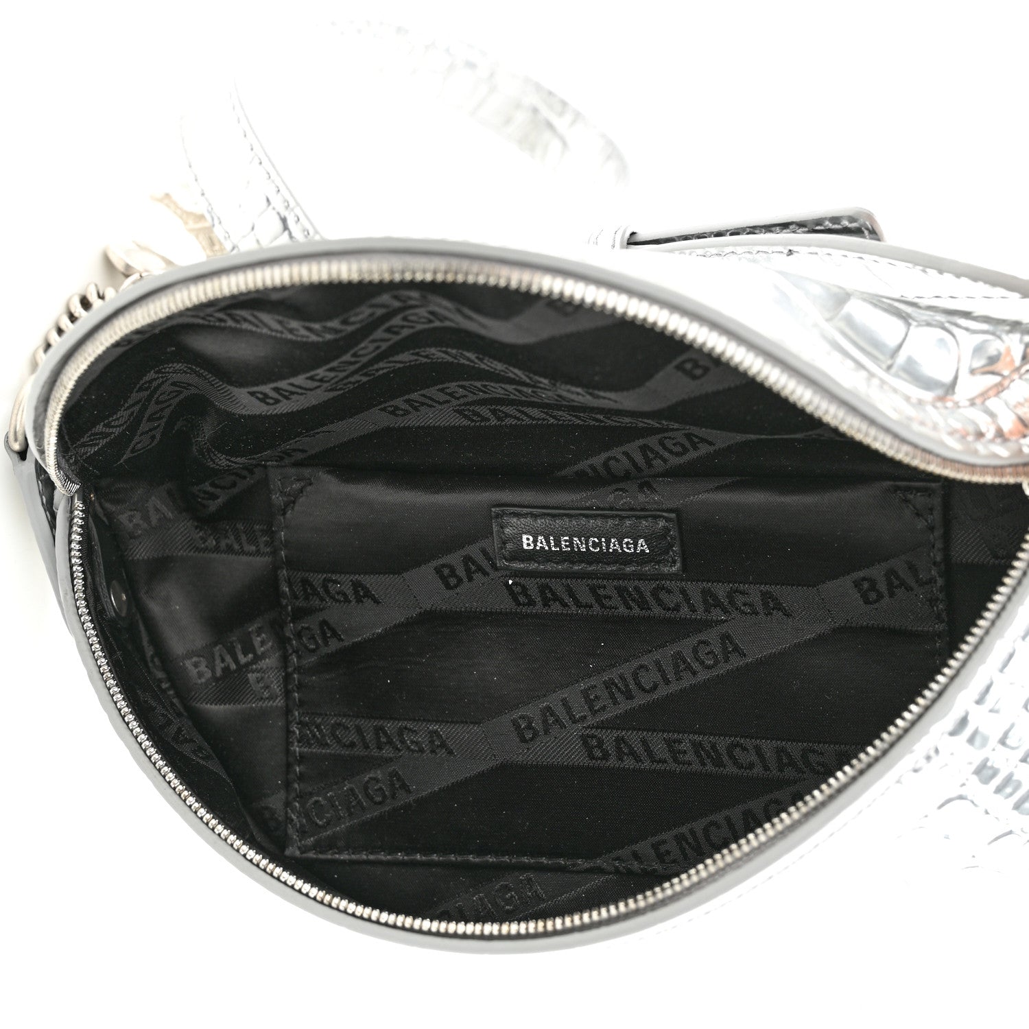 Balenciaga Metallic Calfskin Crocodile Embossed Quilted Souveniers Charms Belt Bag Silver 5 of 9