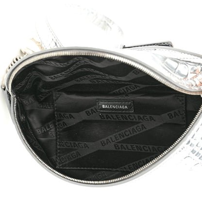 Balenciaga Metallic Calfskin Crocodile Embossed Quilted Souveniers Charms Belt Bag Silver 5 of 9