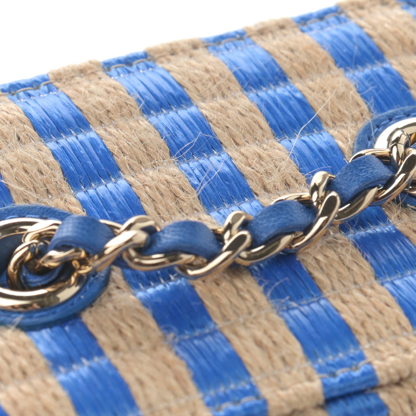 Raffia Jute Striped Mini Vanity Case With Chain Blue Beige