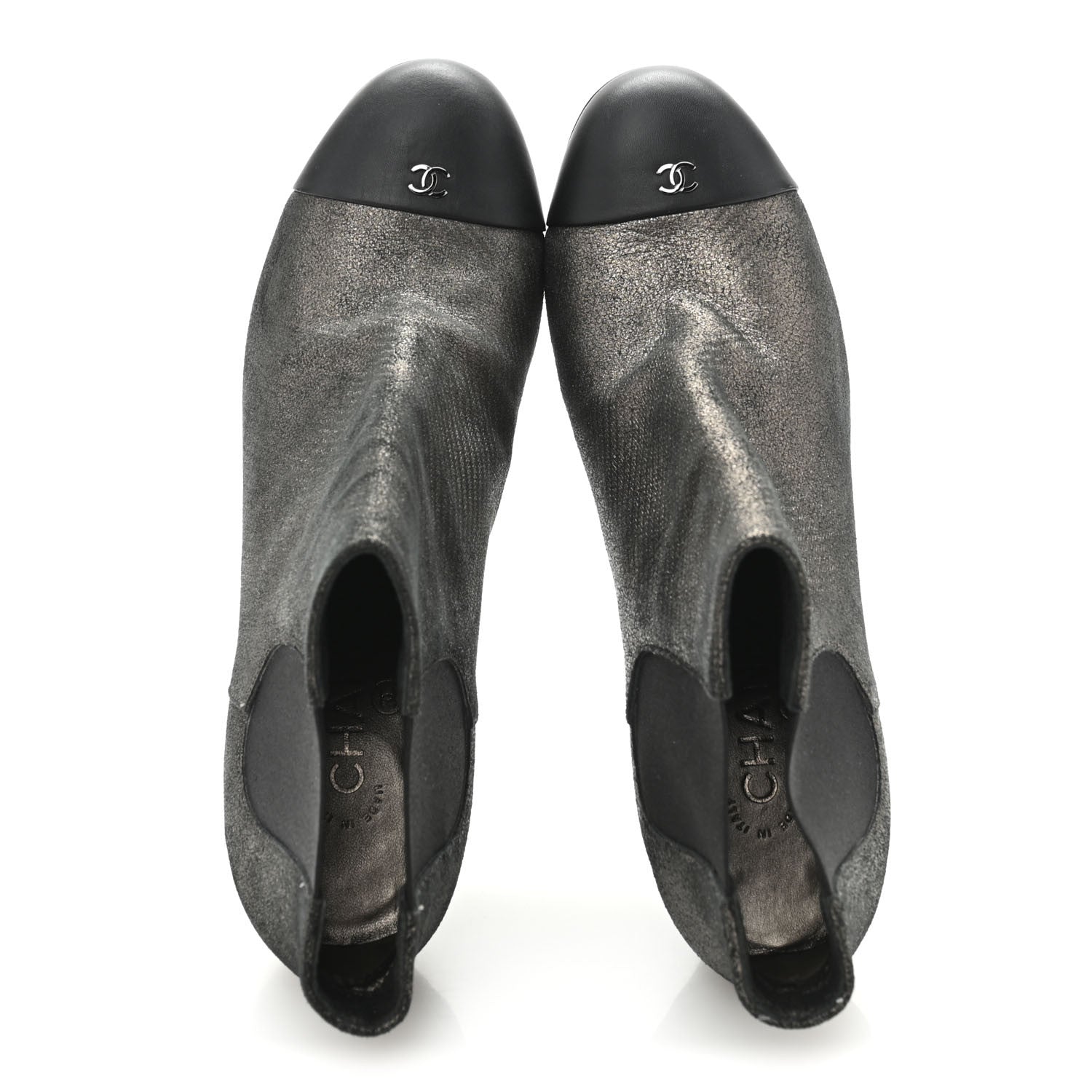 Chanel Embossed Lambskin Calfskin CC Cap Toe Ankle Boots 40 Argent Fonce Black 2 of 10