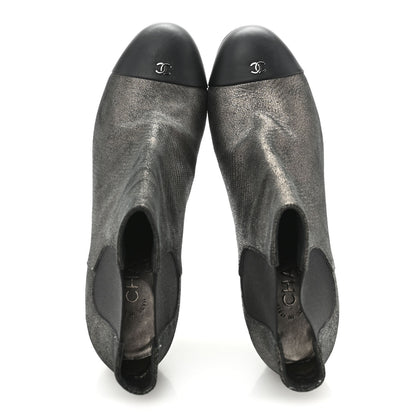 Chanel Embossed Lambskin Calfskin CC Cap Toe Ankle Boots 40 Argent Fonce Black 2 of 10