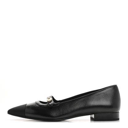 Chanel Shiny Lambskin Grosgrain Pearl Mary Jane Flats 37 Black 1 of 10