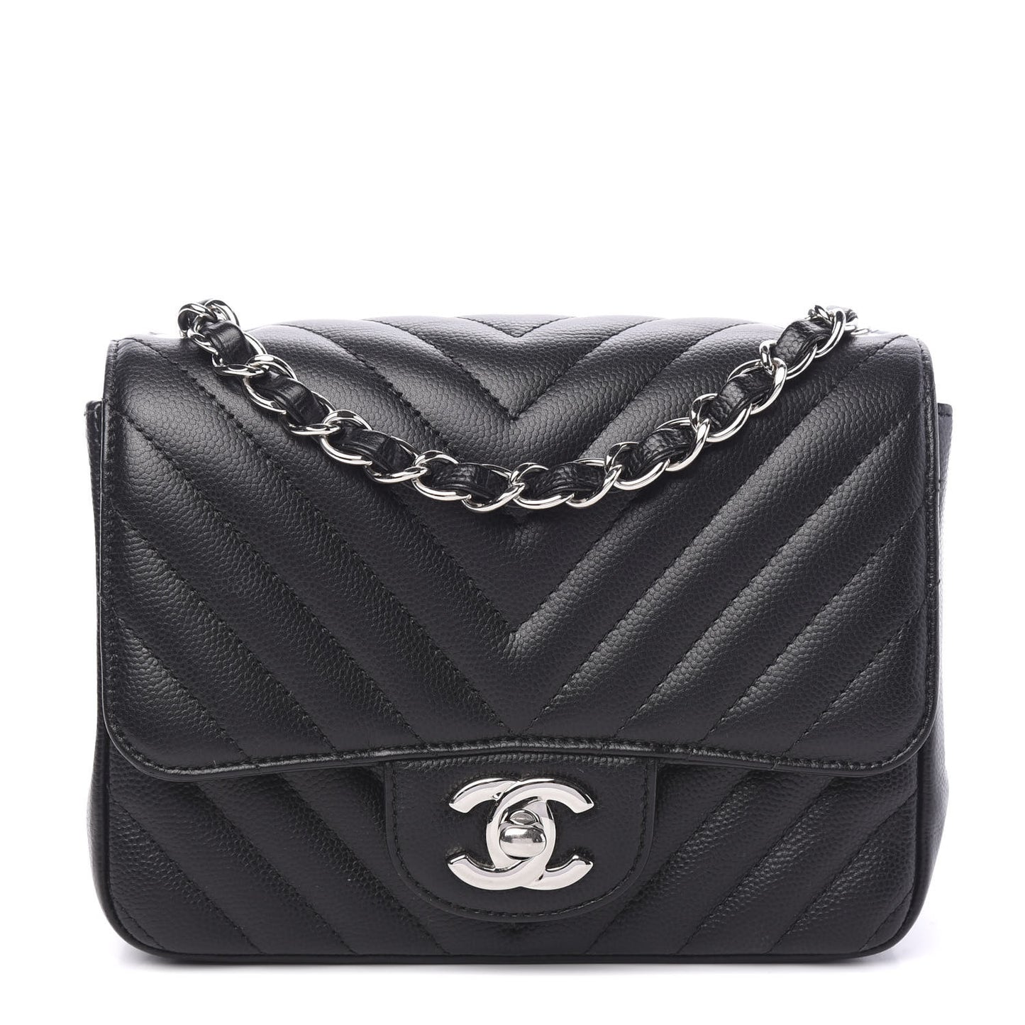 Caviar Chevron Quilted Mini Square Flap Black