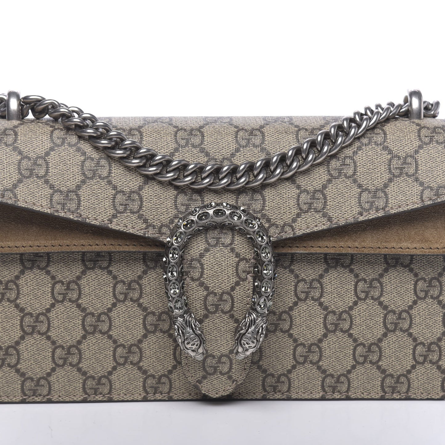 GG Supreme Monogram Suede Crystal Small Dionysus Shoulder Bag Beige Ebony Taupe