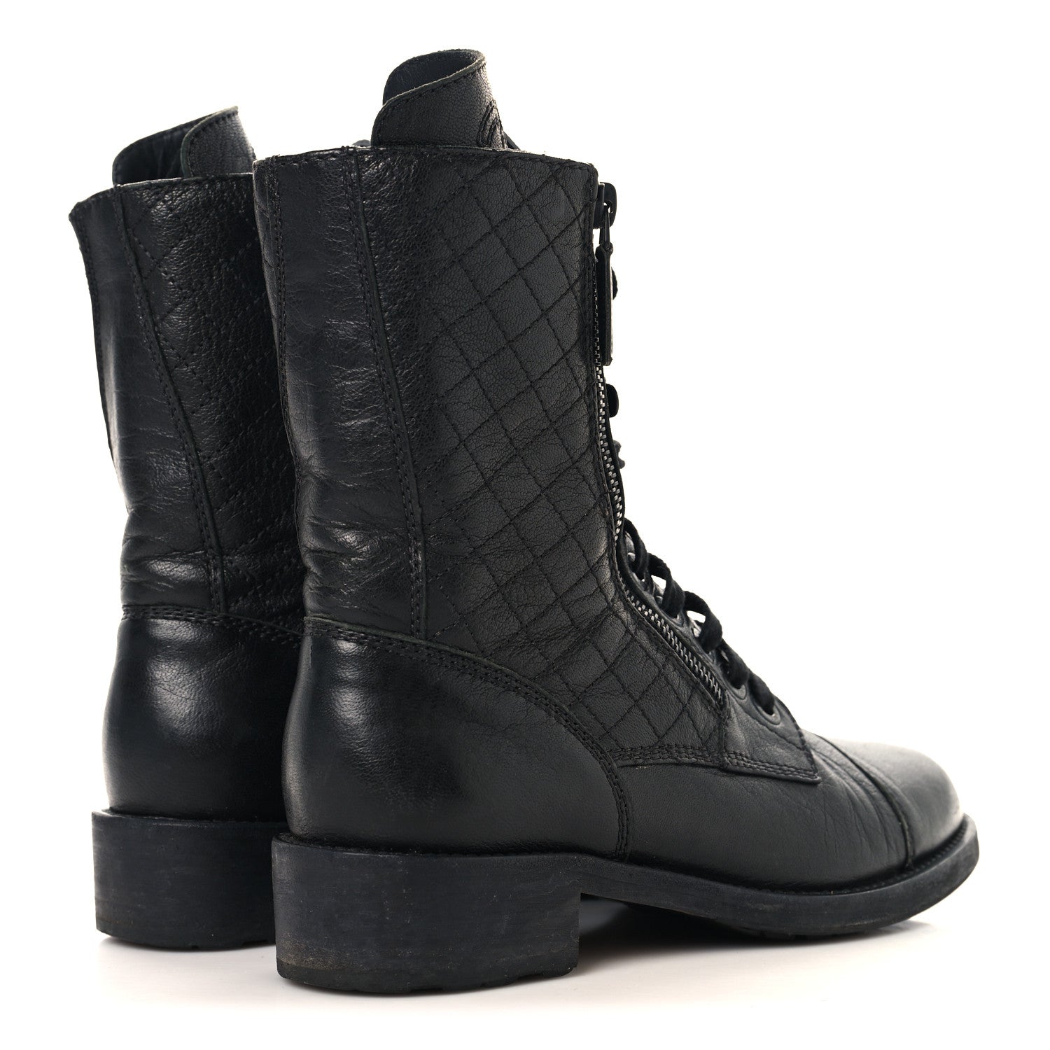 Chanel Sheepskin Quilted CC Tall Lace Up Combat Boots 38.5 Black 5 of 9