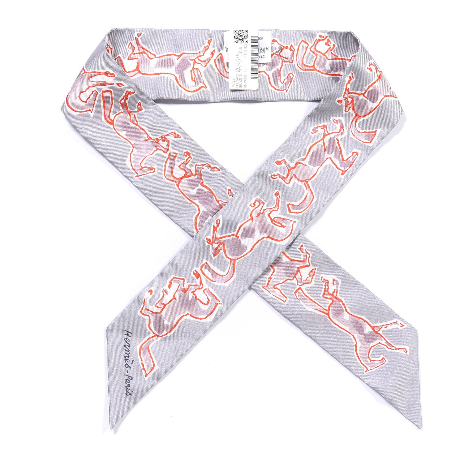 Hermes Silk Chevaux En Liberte Twilly Gris Perle Rouge White 1 of 4