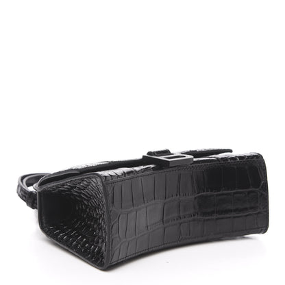 Balenciaga Shiny Calfskin Monochrome Crocodile Embossed Hourglass Top Handle Bag XS Black 3 of 8