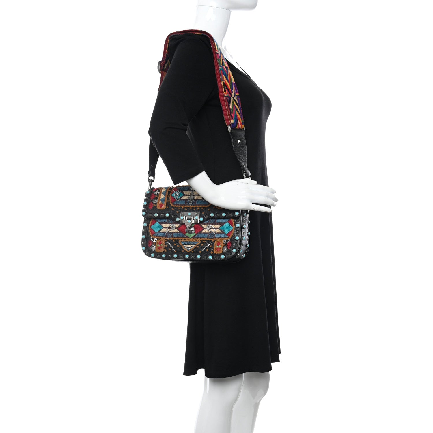 Valentino Garavani Calfskin Embroidered Medium Guitar Strap Rockstud Rolling Flap Saddle Bag Black 2 of 16