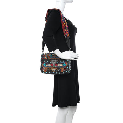 Valentino Garavani Calfskin Embroidered Medium Guitar Strap Rockstud Rolling Flap Saddle Bag Black 2 of 16