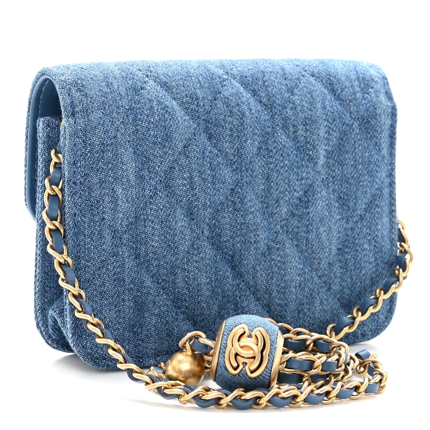 Denim Quilted CC Pearl Crush Clutch With Chain Blue