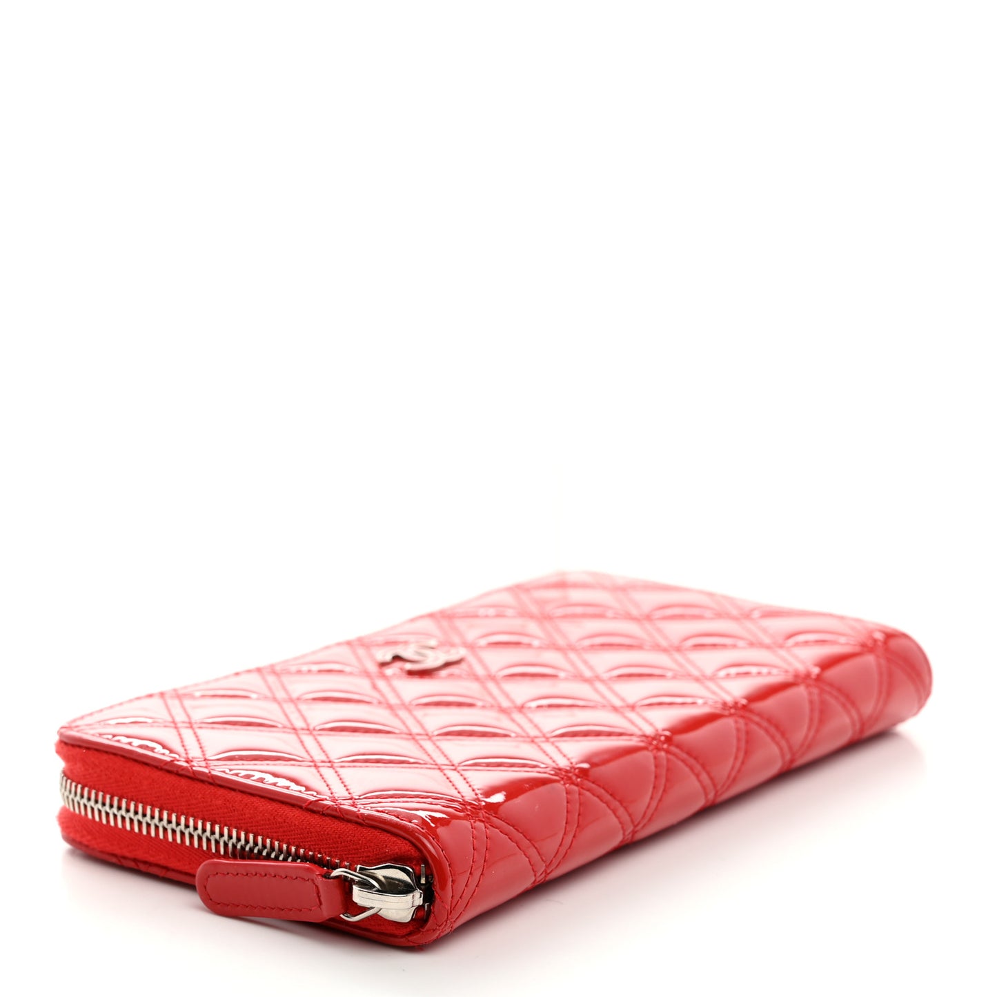 Patent Quilted Double Stitched Zip Around Wallet Red