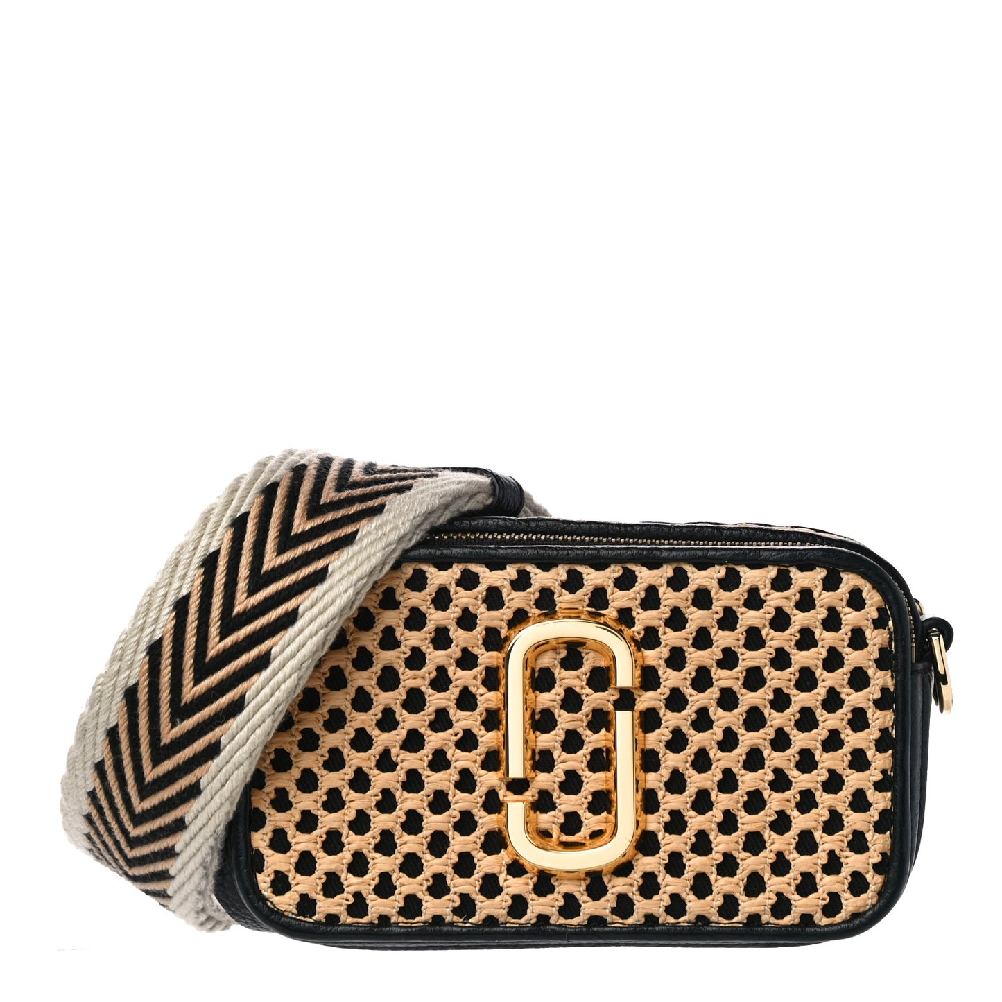Calfskin Straw Small Snapshot Camera Bag Black