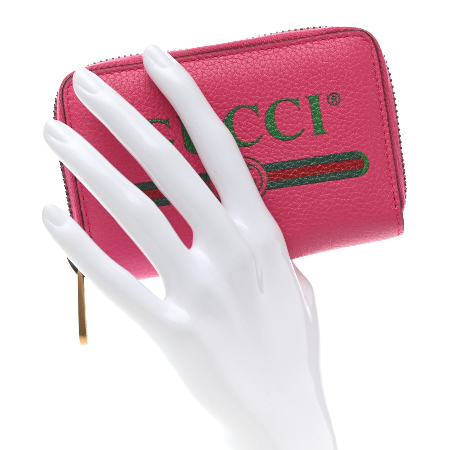 Grained Calfskin Logo Zip Around Card Case Box Pink Green