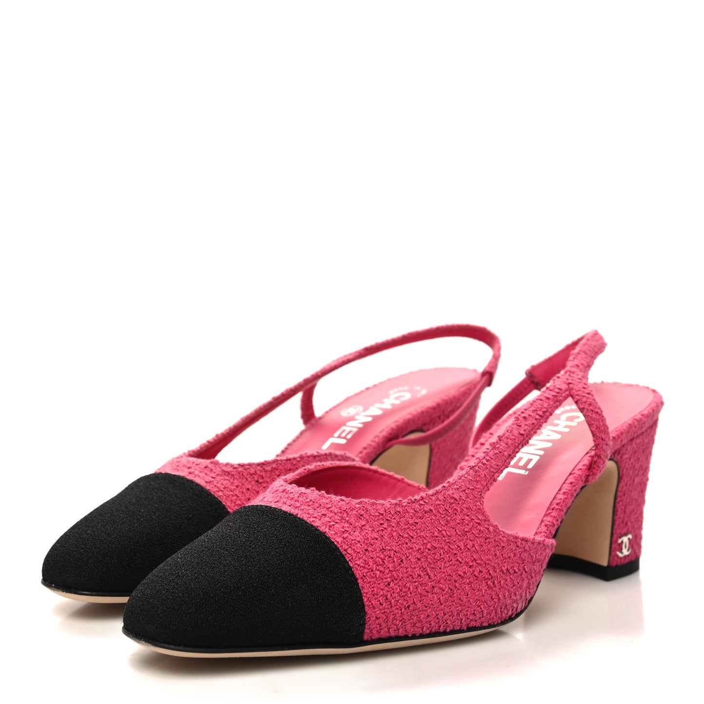 Tweed Grosgrain Cap Toe CC Slingback Pumps 38.5 Pink Black