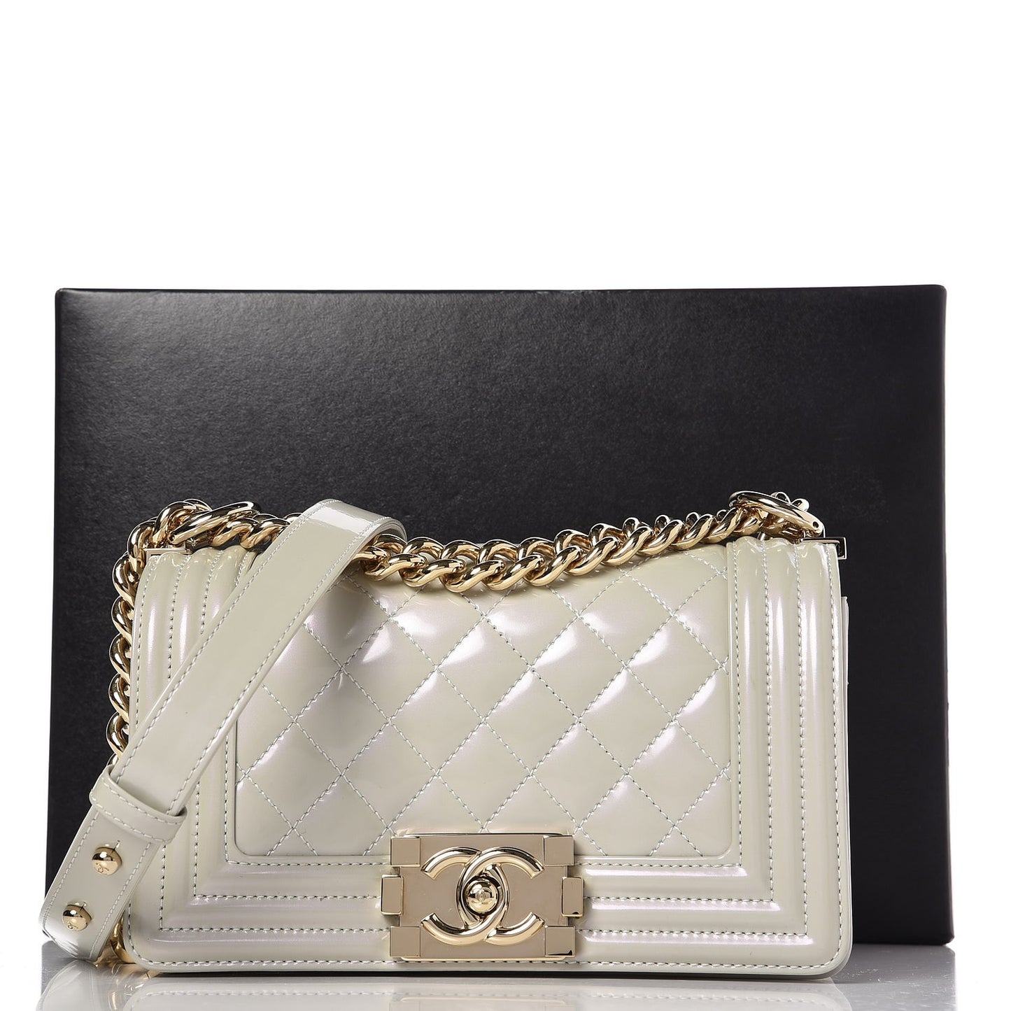 Iridescent Calfskin Quilted Small Boy Flap Light Grey
