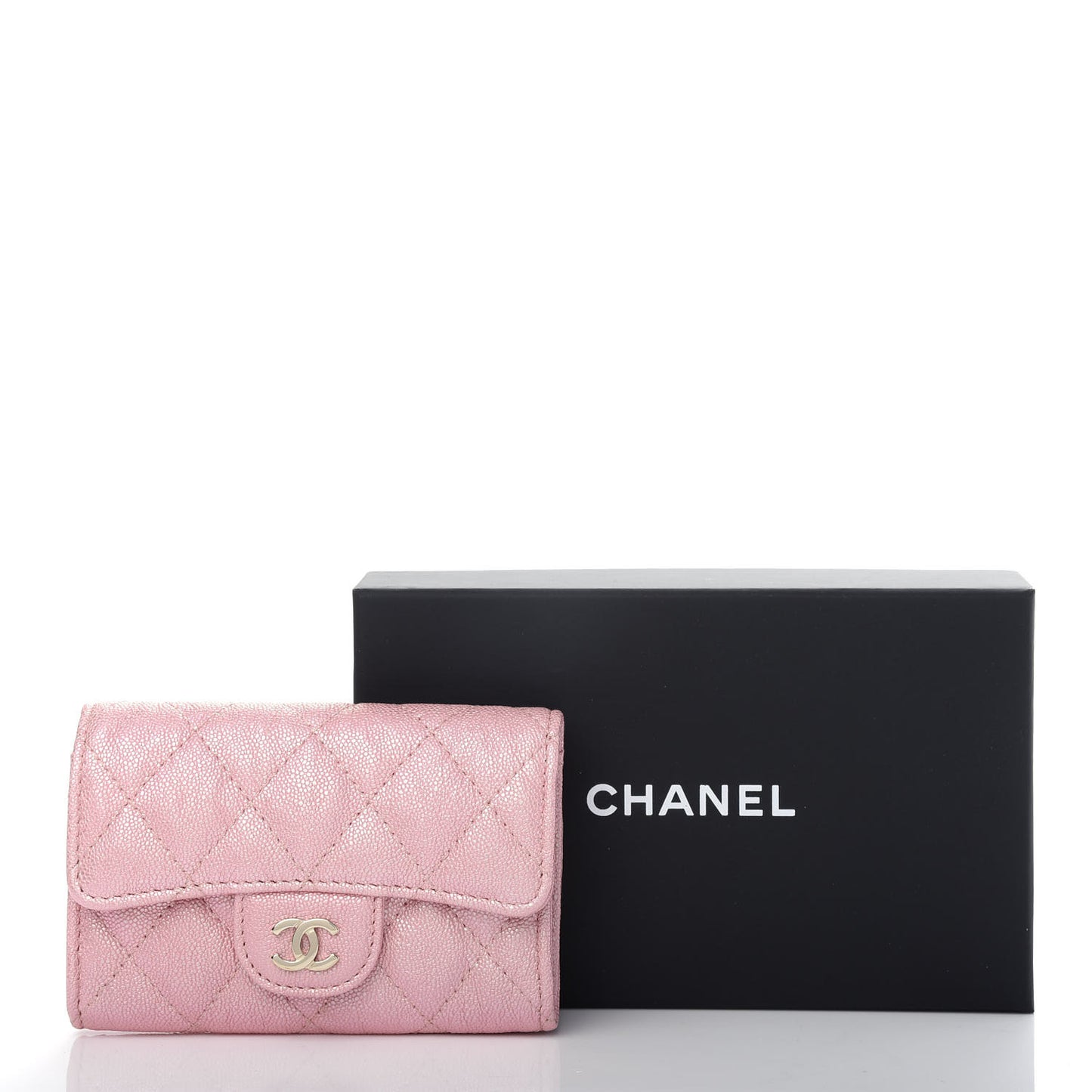 Iridescent Caviar Quilted Flap Card Holder Rose Pink