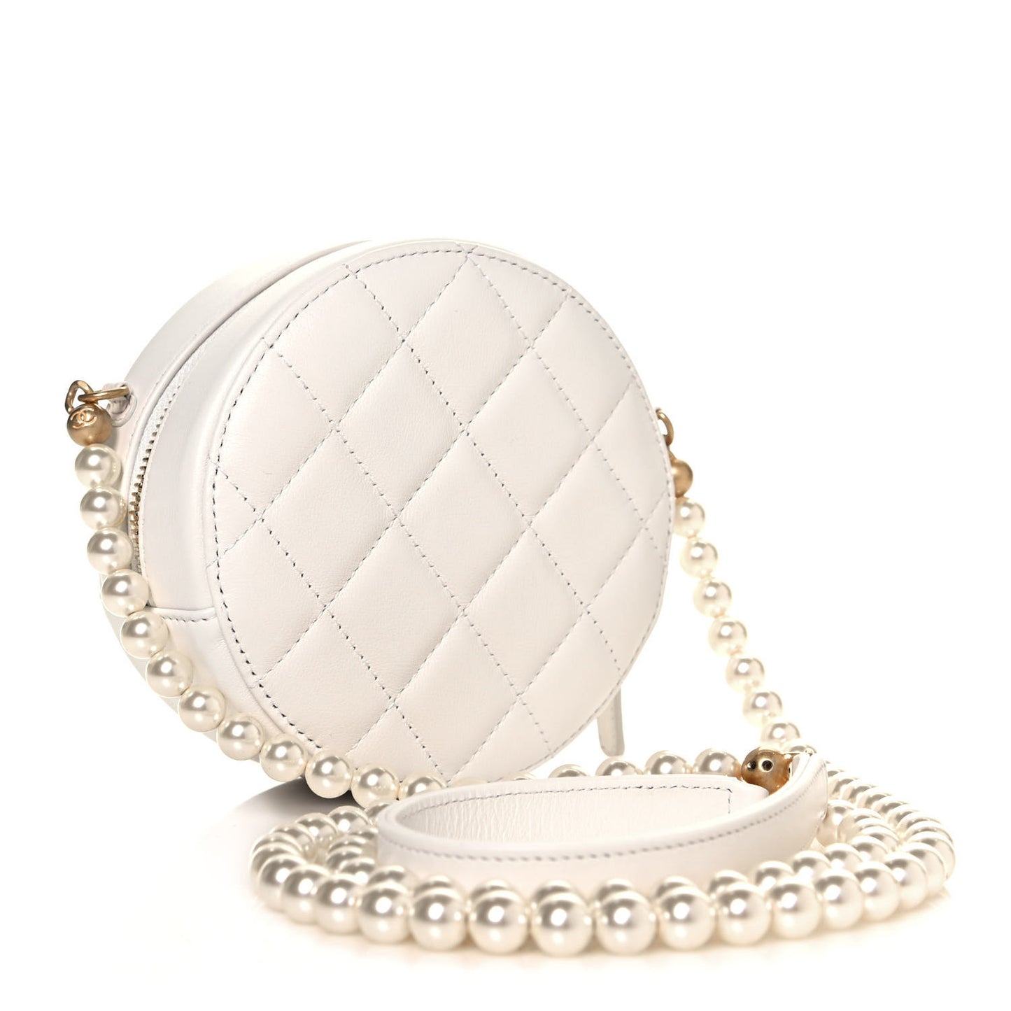 Calfskin Quilted About Pearls Round Clutch With Chain White