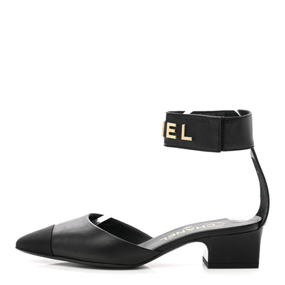 Chanel Lambskin Grosgrain Cap Toe Logo Ankle Strap Pumps 35 Black 1 of 8