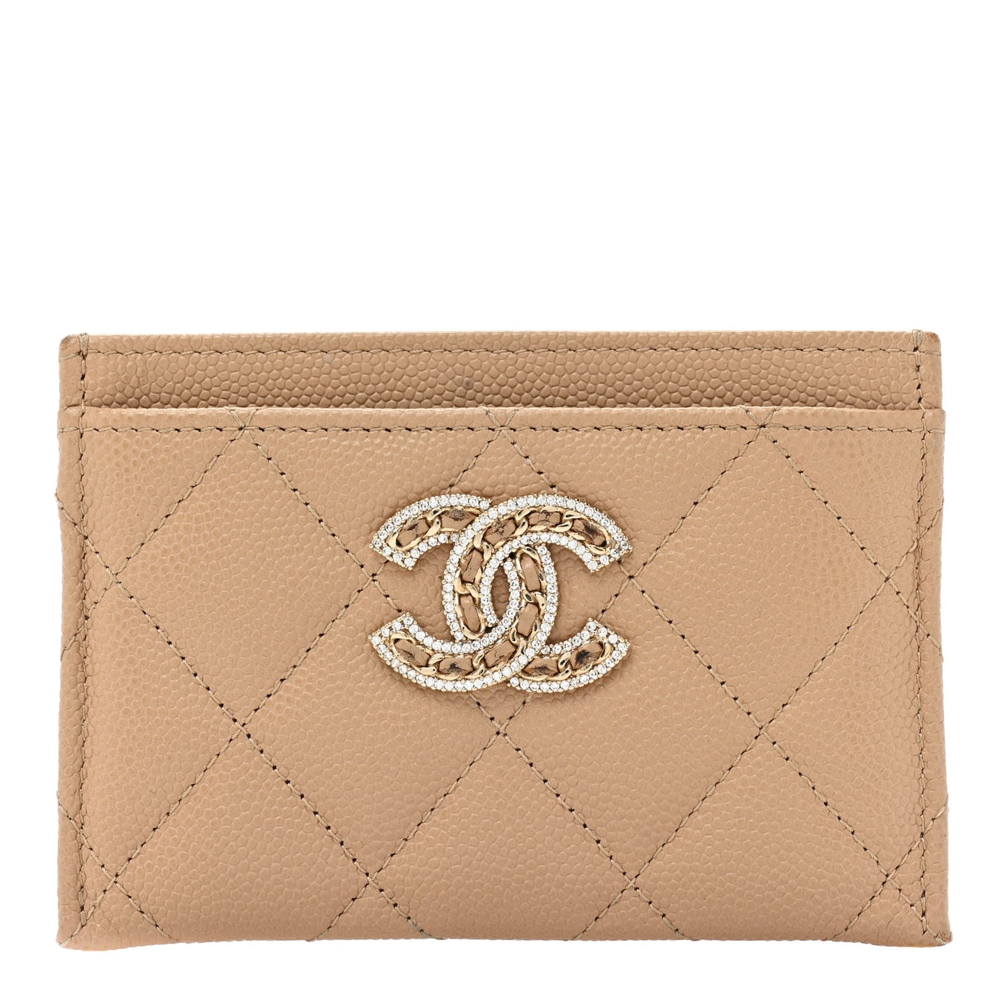 Caviar Quilted Crystal Card Holder Beige