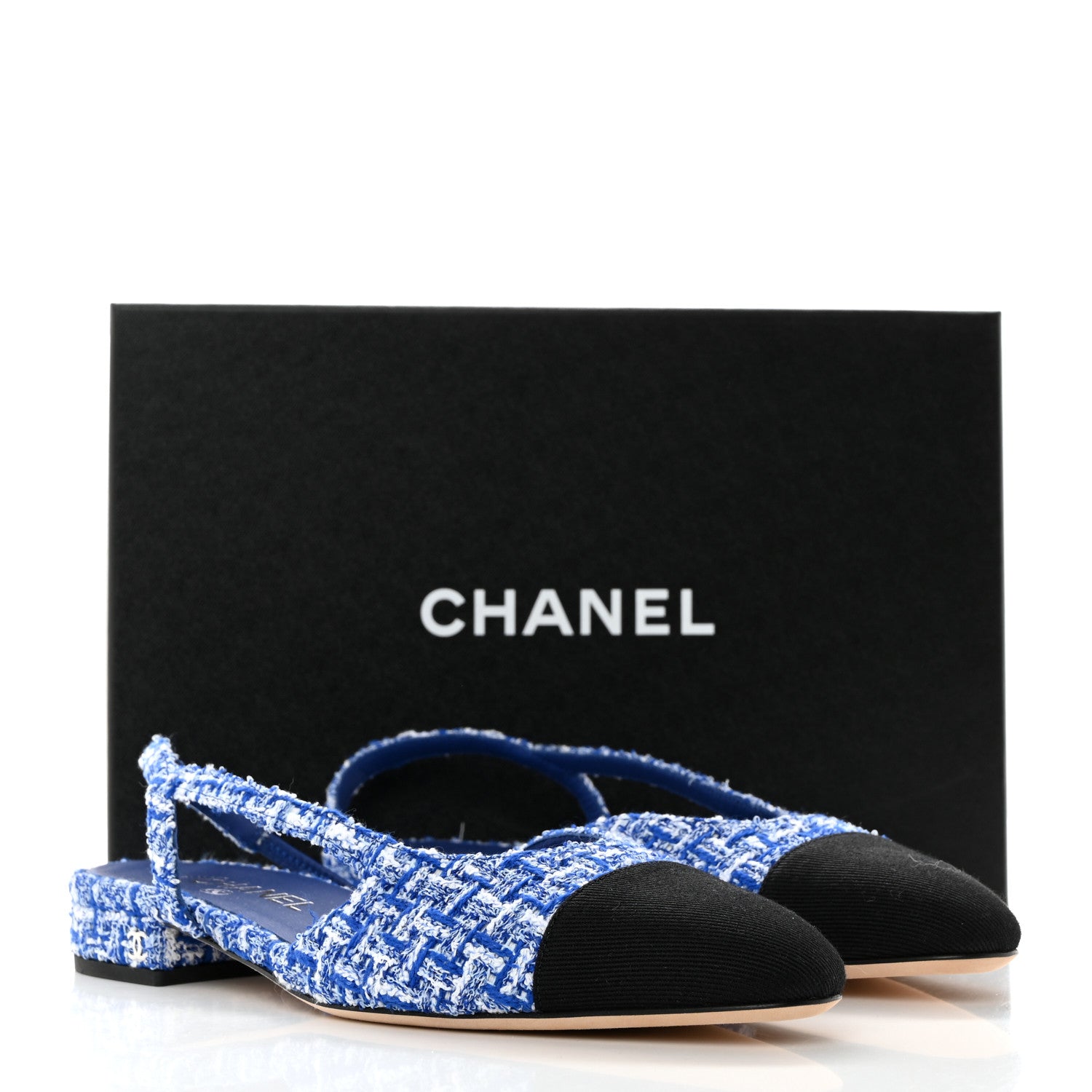 Chanel Tweed Cap Toe CC Slingback Flat 39 Blue Black 9 of 9