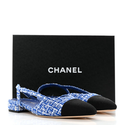 Chanel Tweed Cap Toe CC Slingback Flat 39 Blue Black 9 of 9