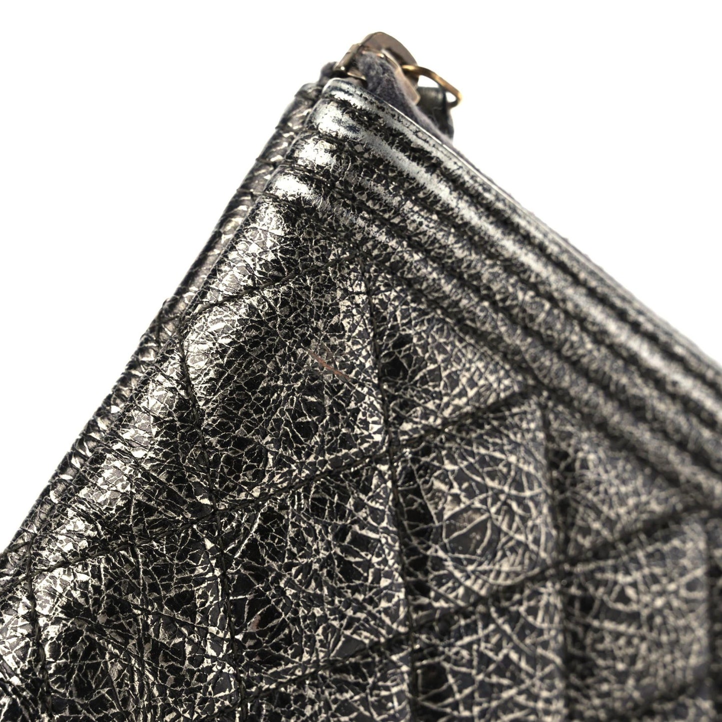 Cracked Metallic Calfskin Quilted Large Boy Cosmetic Case Silver