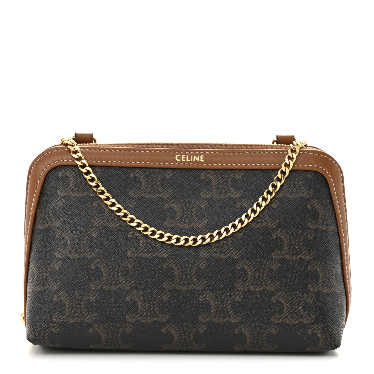 Celine Triomphe Canvas Lambskin Clutch On Chain Tan 1 of 10